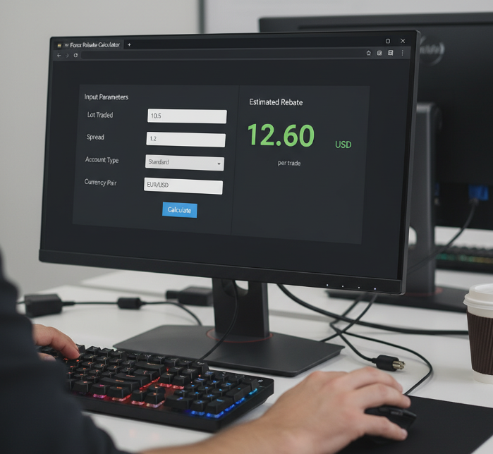 Realistic close-up shot of a computer screen displaying a Forex Rebate Calculator tool